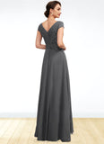 Princess A-Line V-neck Floor-Length Chiffon Mother of the Bride Dress With Ruffle Lace Beading Sequins STI126P0014582