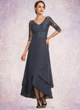 Kaitlin A-line V-Neck Asymmetrical Chiffon Lace Mother of the Bride Dress With Beading Sequins STI126P0014584