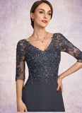 Kaitlin A-line V-Neck Asymmetrical Chiffon Lace Mother of the Bride Dress With Beading Sequins STI126P0014584