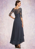 Kaitlin A-line V-Neck Asymmetrical Chiffon Lace Mother of the Bride Dress With Beading Sequins STI126P0014584