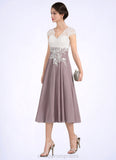 Kristen A-Line V-neck Tea-Length Chiffon Lace Mother of the Bride Dress STI126P0014588