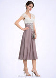 Kristen A-Line V-neck Tea-Length Chiffon Lace Mother of the Bride Dress STI126P0014588