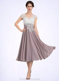 Kristen A-Line V-neck Tea-Length Chiffon Lace Mother of the Bride Dress STI126P0014588