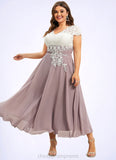 Kristen A-Line V-neck Tea-Length Chiffon Lace Mother of the Bride Dress STI126P0014588