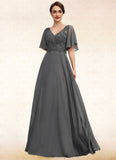 Peyton A-line V-Neck Floor-Length Chiffon Lace Mother of the Bride Dress With Beading Sequins STI126P0014589