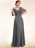 Peyton A-line V-Neck Floor-Length Chiffon Lace Mother of the Bride Dress With Beading Sequins STI126P0014589