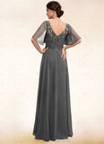 Peyton A-line V-Neck Floor-Length Chiffon Lace Mother of the Bride Dress With Beading Sequins STI126P0014589