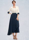 Eva A-Line Square Neckline Tea-Length Chiffon Mother of the Bride Dress With Beading Sequins Pleated STI126P0014594