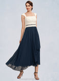 Eva A-Line Square Neckline Tea-Length Chiffon Mother of the Bride Dress With Beading Sequins Pleated STI126P0014594