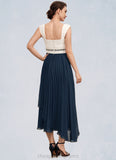 Eva A-Line Square Neckline Tea-Length Chiffon Mother of the Bride Dress With Beading Sequins Pleated STI126P0014594