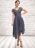 Emilia A-Line V-neck Asymmetrical Chiffon Lace Mother of the Bride Dress With Ruffle STI126P0014596