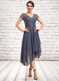 Emilia A-Line V-neck Asymmetrical Chiffon Lace Mother of the Bride Dress With Ruffle STI126P0014596