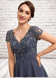 Emilia A-Line V-neck Asymmetrical Chiffon Lace Mother of the Bride Dress With Ruffle STI126P0014596