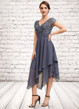 Emilia A-Line V-neck Asymmetrical Chiffon Lace Mother of the Bride Dress With Ruffle STI126P0014596