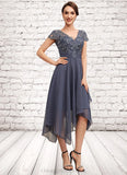 Emilia A-Line V-neck Asymmetrical Chiffon Lace Mother of the Bride Dress With Ruffle STI126P0014596