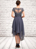 Emilia A-Line V-neck Asymmetrical Chiffon Lace Mother of the Bride Dress With Ruffle STI126P0014596