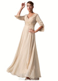 Lea Empire V-neck Floor-Length Chiffon Mother of the Bride Dress With Ruffle Beading STI126P0014597