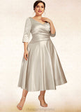 Cassidy A-Line V-neck Tea-Length Satin Mother of the Bride Dress With Ruffle STI126P0014598