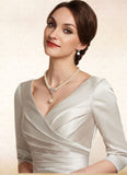 Cassidy A-Line V-neck Tea-Length Satin Mother of the Bride Dress With Ruffle STI126P0014598