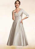 Cassidy A-Line V-neck Tea-Length Satin Mother of the Bride Dress With Ruffle STI126P0014598