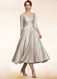 Cassidy A-Line V-neck Tea-Length Satin Mother of the Bride Dress With Ruffle STI126P0014598