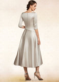 Cassidy A-Line V-neck Tea-Length Satin Mother of the Bride Dress With Ruffle STI126P0014598