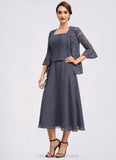 Abbigail A-Line Square Neckline Tea-Length Chiffon Lace Mother of the Bride Dress With Beading STI126P0014601