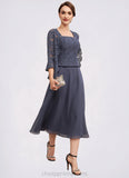 Abbigail A-Line Square Neckline Tea-Length Chiffon Lace Mother of the Bride Dress With Beading STI126P0014601