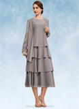 Kaylee A-Line Scoop Neck Tea-Length Chiffon Mother of the Bride Dress With Cascading Ruffles STI126P0014603