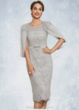 Evangeline Sheath/Column Scoop Neck Knee-Length Chiffon Lace Mother of the Bride Dress With Beading STI126P0014605