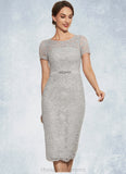 Evangeline Sheath/Column Scoop Neck Knee-Length Chiffon Lace Mother of the Bride Dress With Beading STI126P0014605