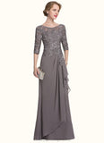 Haylee A-Line Scoop Neck Floor-Length Chiffon Lace Mother of the Bride Dress With Cascading Ruffles STI126P0014608