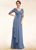 Aurora A-Line V-neck Floor-Length Chiffon Lace Mother of the Bride Dress With Cascading Ruffles STI126P0014609