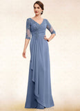 Aurora A-Line V-neck Floor-Length Chiffon Lace Mother of the Bride Dress With Cascading Ruffles STI126P0014609