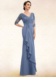 Aurora A-Line V-neck Floor-Length Chiffon Lace Mother of the Bride Dress With Cascading Ruffles STI126P0014609