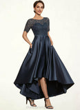 Tanya A-Line Scoop Neck Asymmetrical Satin Lace Mother of the Bride Dress With Pockets STI126P0014613