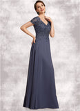 Josephine A-line V-Neck Floor-Length Chiffon Lace Mother of the Bride Dress With Beading Sequins STI126P0014614