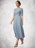 Madeline A-Line Scoop Neck Tea-Length Chiffon Lace Mother of the Bride Dress With Ruffle STI126P0014616