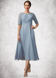 Madeline A-Line Scoop Neck Tea-Length Chiffon Lace Mother of the Bride Dress With Ruffle STI126P0014616