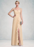 Brooklyn A-Line V-neck Floor-Length Chiffon Lace Mother of the Bride Dress With Split Front Cascading Ruffles STI126P0014619