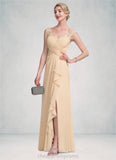 Brooklyn A-Line V-neck Floor-Length Chiffon Lace Mother of the Bride Dress With Split Front Cascading Ruffles STI126P0014619