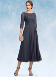 Shea A-Line Scoop Neck Tea-Length Chiffon Lace Mother of the Bride Dress With Sequins STI126P0014621