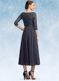 Shea A-Line Scoop Neck Tea-Length Chiffon Lace Mother of the Bride Dress With Sequins STI126P0014621