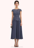 Stella A-Line Scoop Neck Tea-Length Chiffon Lace Mother of the Bride Dress STI126P0014627