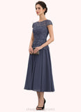 Stella A-Line Scoop Neck Tea-Length Chiffon Lace Mother of the Bride Dress STI126P0014627