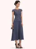 Stella A-Line Scoop Neck Tea-Length Chiffon Lace Mother of the Bride Dress STI126P0014627