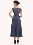 Stella A-Line Scoop Neck Tea-Length Chiffon Lace Mother of the Bride Dress STI126P0014627