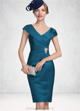 Emelia Sheath/Column V-neck Knee-Length Satin Mother of the Bride Dress With Ruffle Beading STI126P0014631