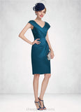 Emelia Sheath/Column V-neck Knee-Length Satin Mother of the Bride Dress With Ruffle Beading STI126P0014631