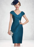 Emelia Sheath/Column V-neck Knee-Length Satin Mother of the Bride Dress With Ruffle Beading STI126P0014631